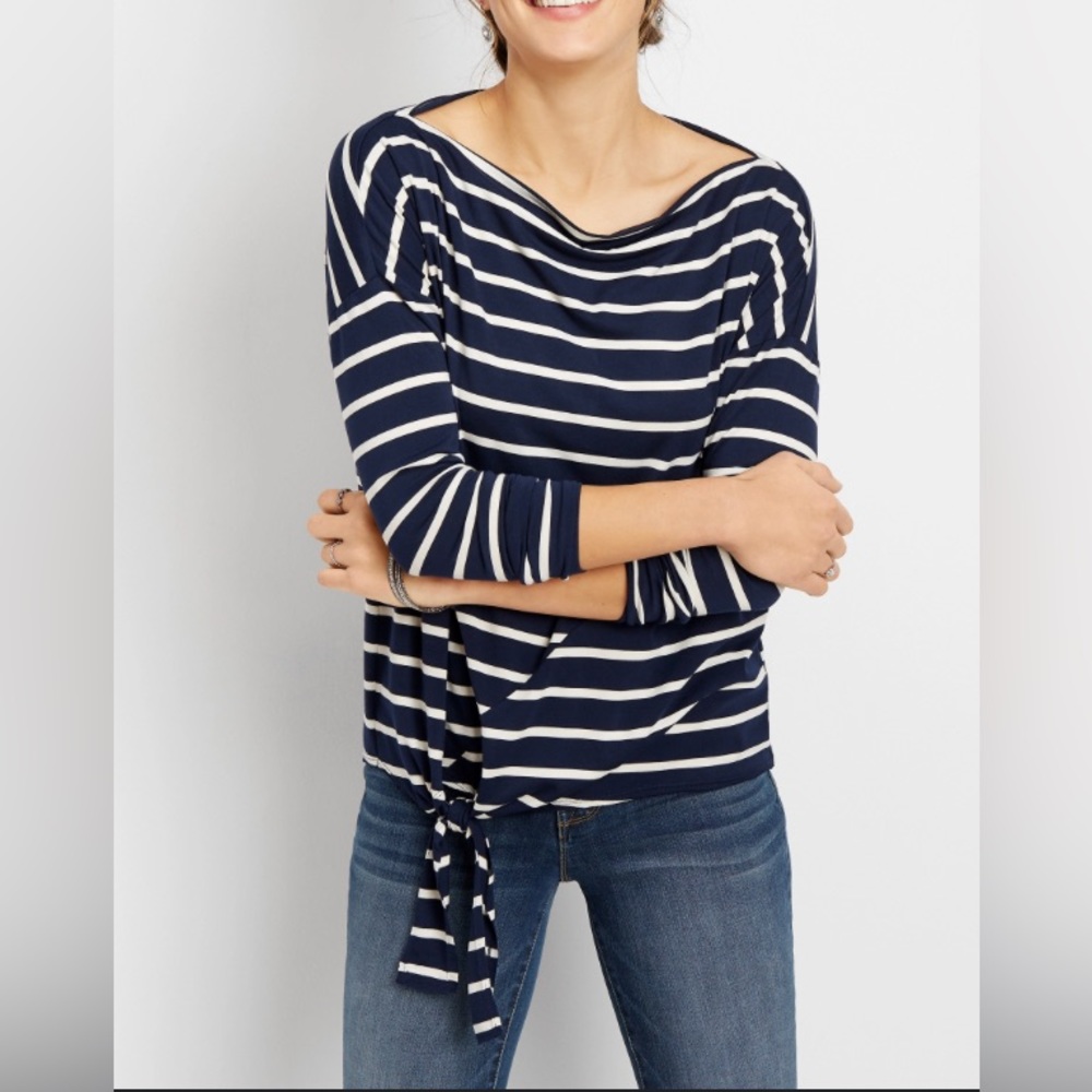 NEW Maurice’s Boat Neck Side Tie 3/4 Sleeve Nautical Stripe Top XS (runs large)